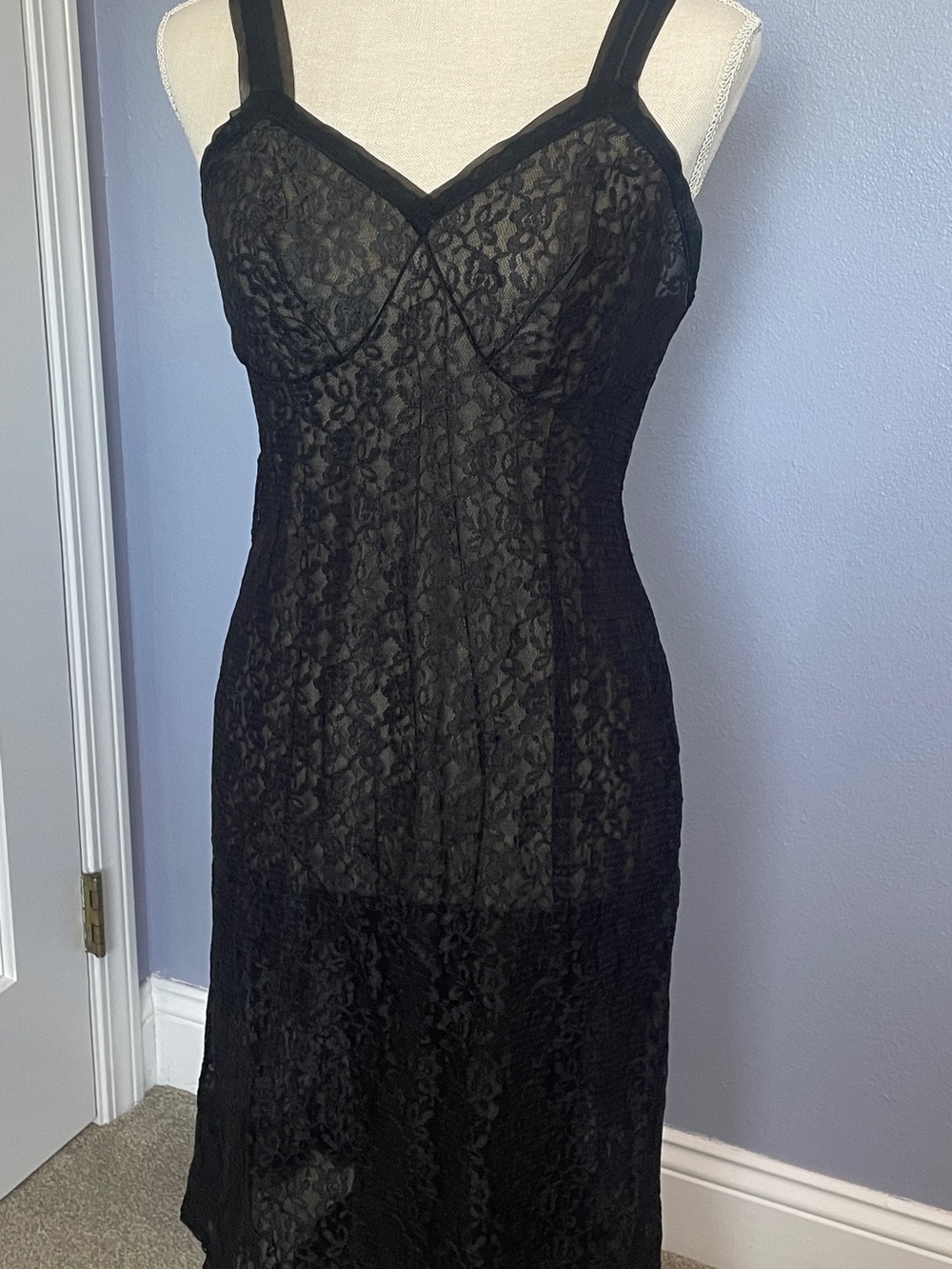 Vintage St Michael Black Lace Slip Dress Retro 1960 Nightgown Women size L